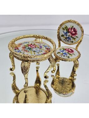 Miniature Table Chair Petit-Point Embroidery Gold Tone Dollhouse Furniture Doll